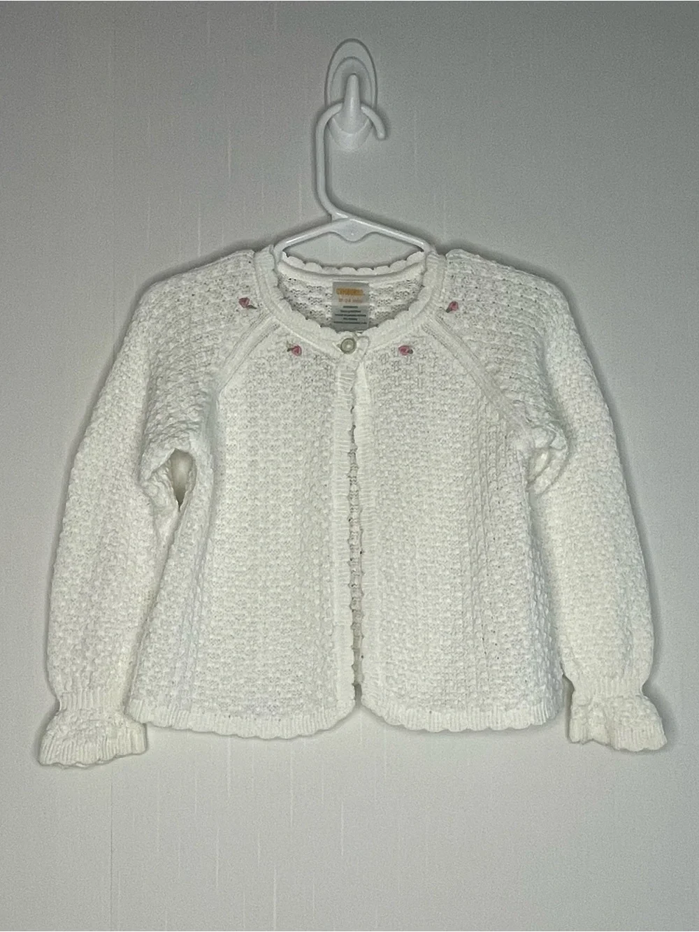 Vintage 2005 Gymboree White Knit Cardigan Sweater with Pink Rosettes 18-24M